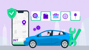 A sedan on the road with an iPhone in the foreground displaying various roadside assistance services, symbolizing the comprehensive car insurance plans in Saudi Arabia that include free assistance.