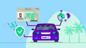 Image for a blog post about obtaining a driving license and car insurance in Saudi Arabia, featuring a car, a Saudi driving license, a globe pointing to Saudi Arabia, and an insurance shield.