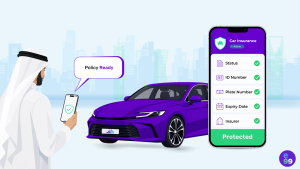A digital illustration featuring a pale blue silhouette of a Saudi Arabian city skyline in the background. On the left, a man dressed in a traditional white thobe and shemagh looks at his smartphone, which displays a green shield icon. A speech bubble above the phone reads 'Policy Ready.' In the center of the image is a modern purple sedan. On the right, a large smartphone screen displays an interface mimicking the vehicle insurance inquiry service found on Absher and Najm Online. The screen shows an 'Active' status with green checkmarks next to the status, ID number, plate number, expiry date, and insurance provider, indicating the policy is valid. A prominent green button at the bottom of the screen reads 'Effective.'